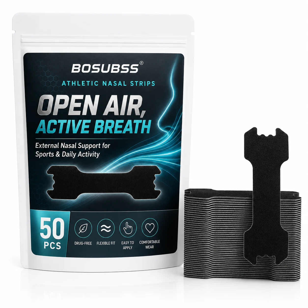 Performance Nose Strips for Breathing (50 Count) - Oil & Sweat Proof Adhesive - Athletic Nasal Strips for Snoring & Sleeping