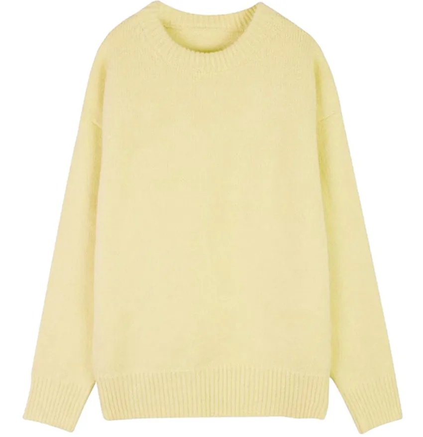 New Fashion Women Round Collar Yellow Imitation Mink Loose Pullover 2023 Autumn Winter Soft Mohair Knitted Warm Lazy Sweaters