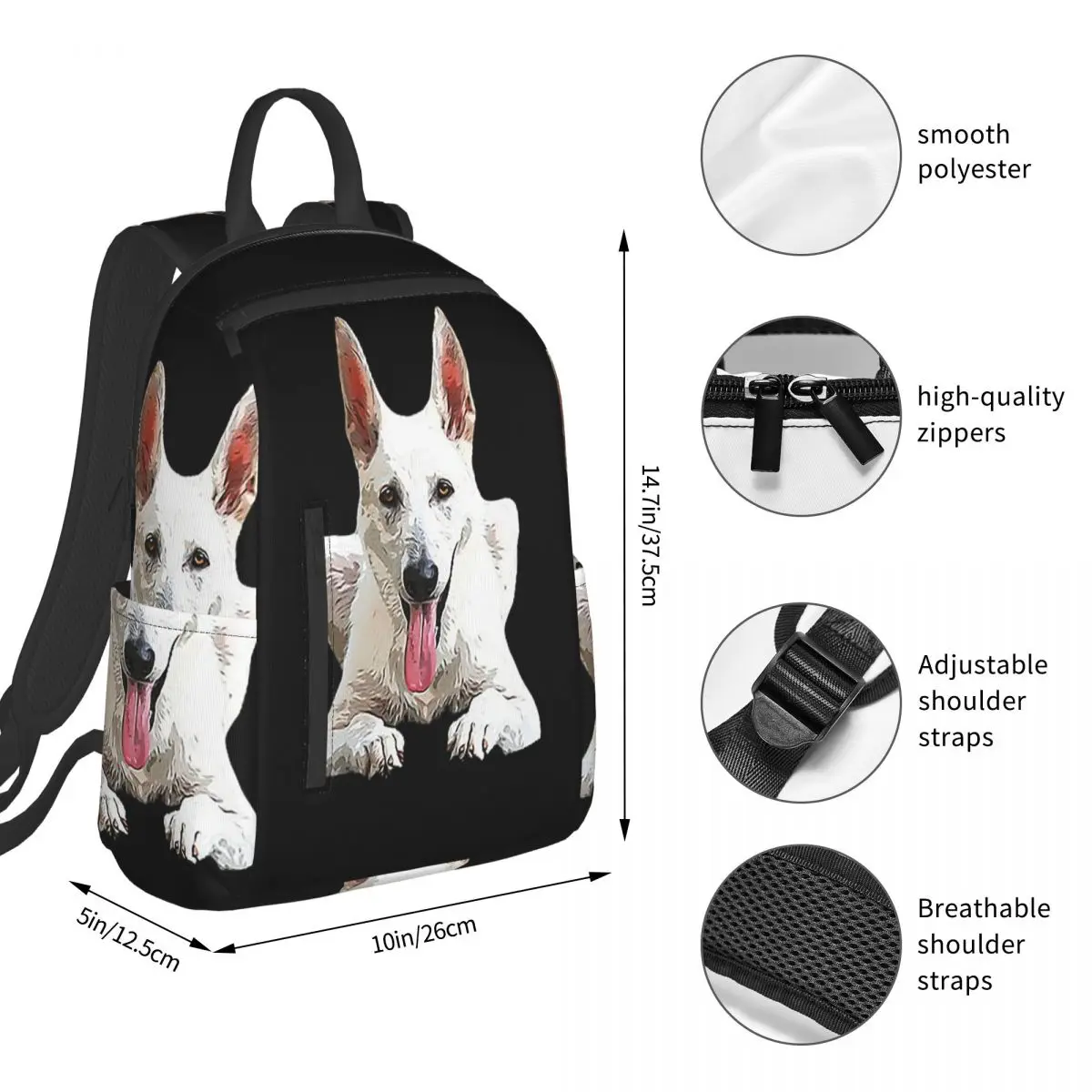 White Swiss Shepherd White German Shepherd Backpack Boys Girls BookBag Kids School Bag Computer Shoulder Bags for Men Women