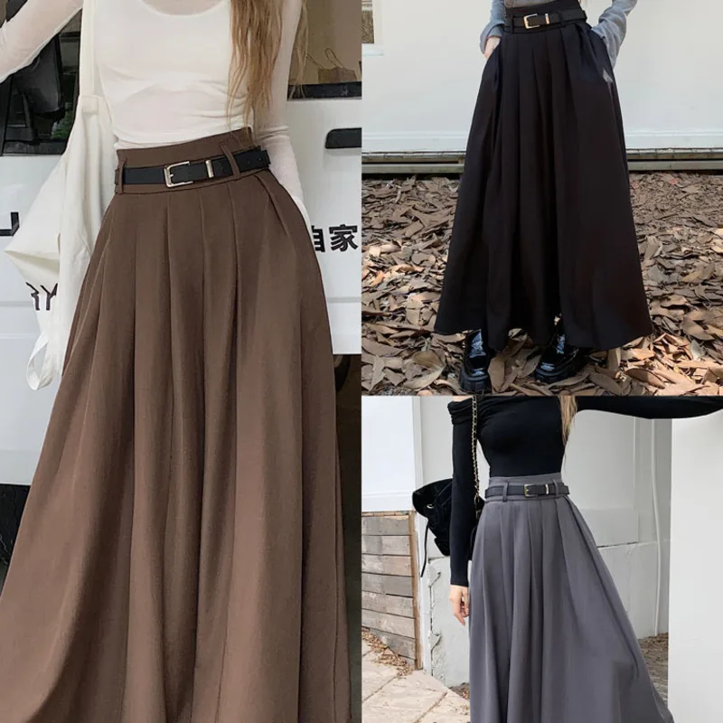 High Waist Pleated Skirt Women Casual A Line Vintage Daily All Match Temperament Chic Streetwear Preppy Style Skirts New