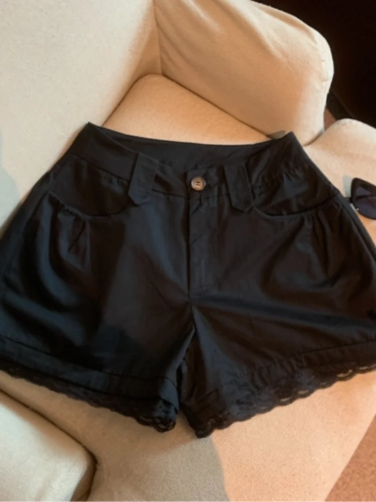 American Style Spicy Girl Workwear Lace Patchwork Shorts Summer New Simple Style Slimming Versatile Fashion Casual Pants
