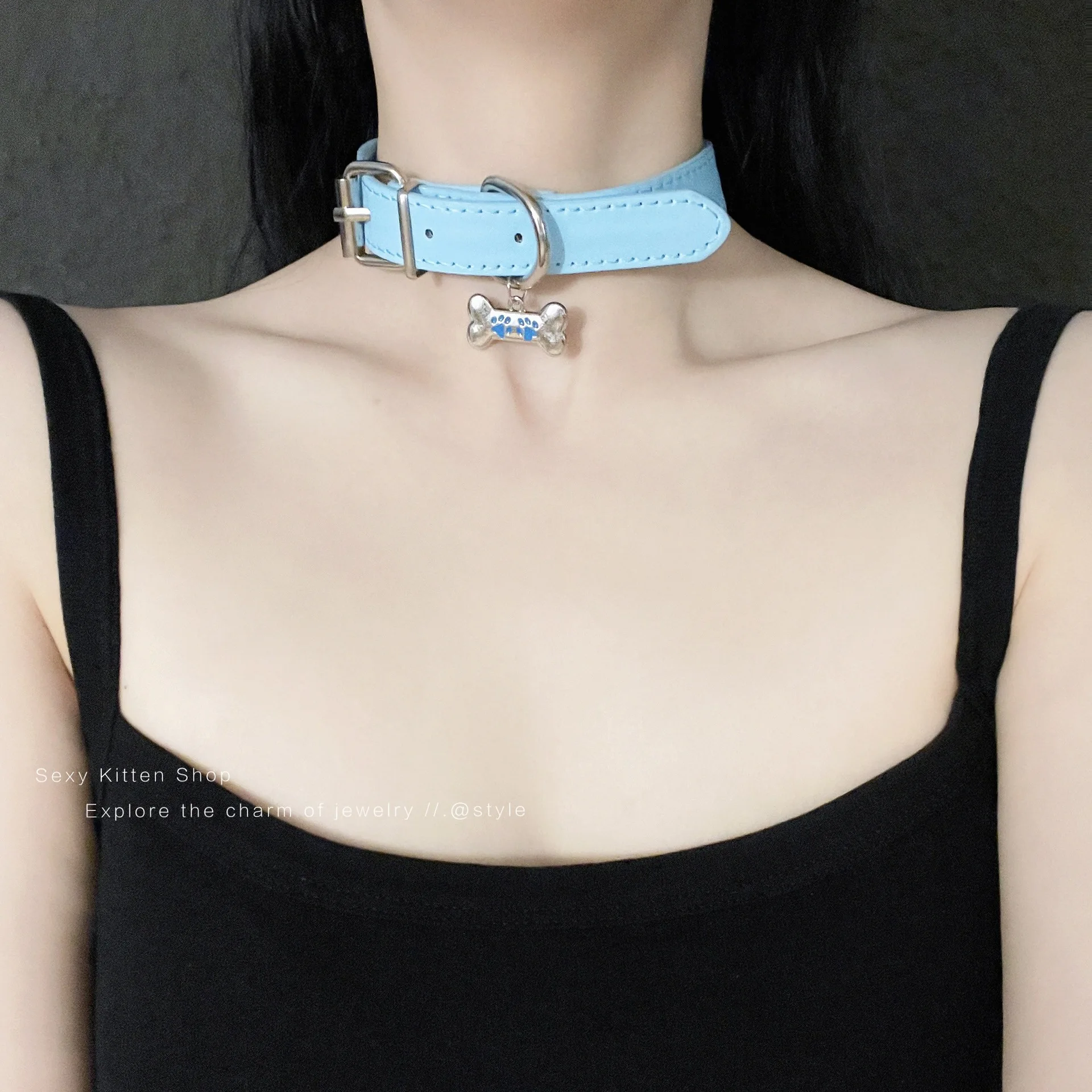 Punk Sweet and cool Cute Personality Hot Girl Bone Multicolored Leather Stainless steel Necklace Clavicle chain  Creativity