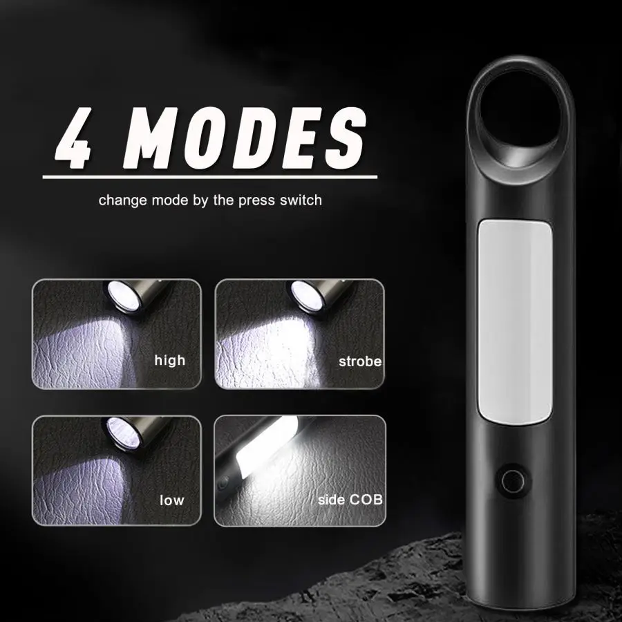 Powerful LED+COB Side Lights LED Flashlight Portable 4 Modes Type-C USB Rechargeable Flashlights Camping Light Torch with Hook