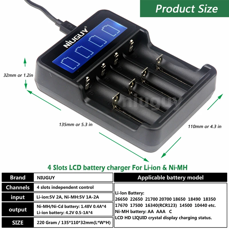 Battery Charger 4 Slots Fast Charging For NiMH/NiCd Li-Ion Batteries Charger USB USB C Port