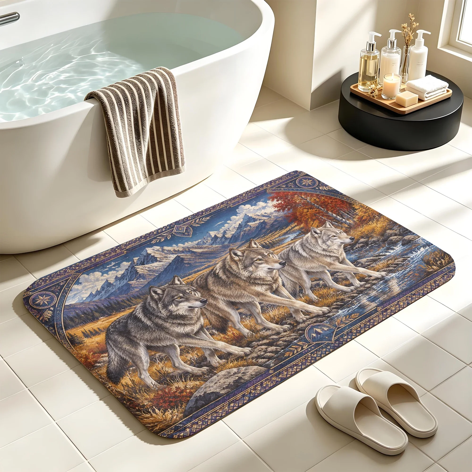 Wolf Pack Grassland Bath Mat Water Absorbent Quick Dry Anti-Slip Shower Rug Floor Carpet for Bathroom Home Decor
