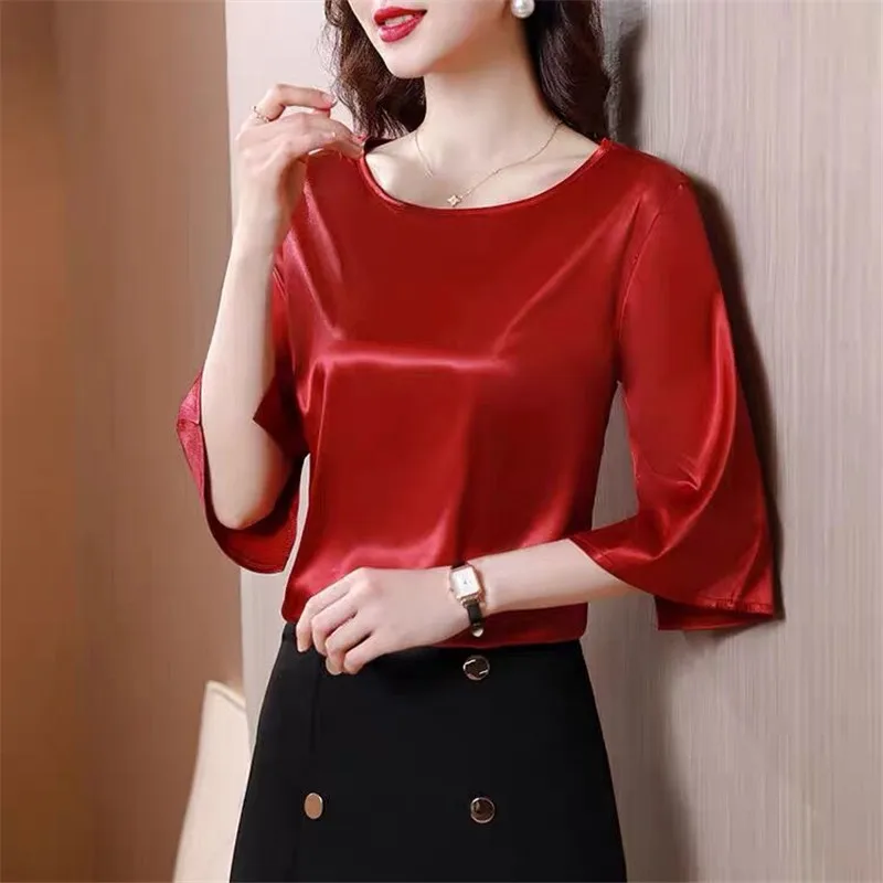 2024 Spring and Autumn New All-match O-neck Three-quarter Flared Sleeve Acetate Satin Blouse tops Basic simple ice silk shirts