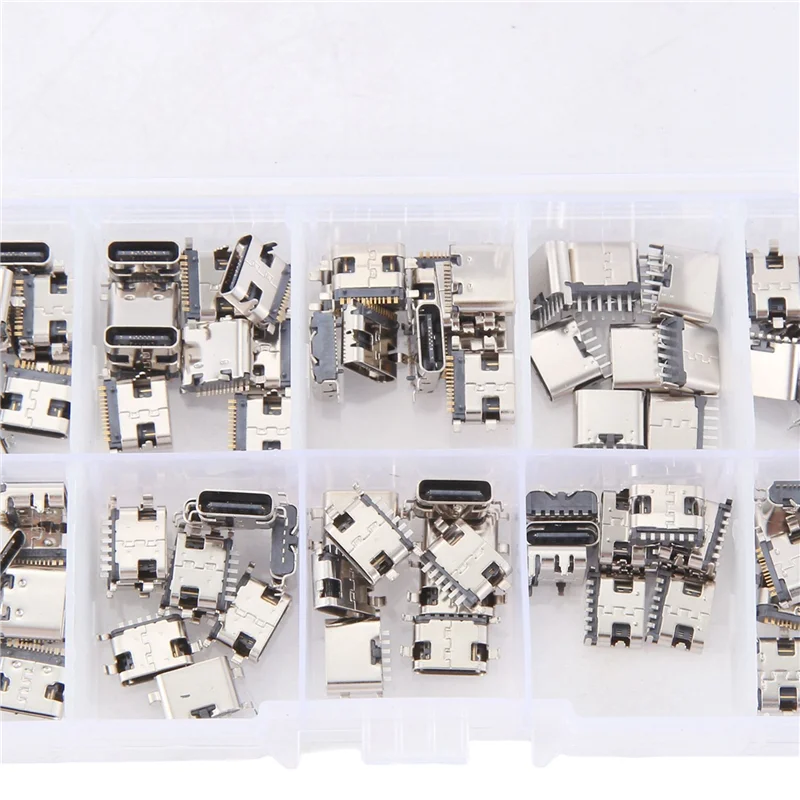 100 قطعة/الوحدة 10 نماذج Type-C USB شحن حوض موصلات مزيج 6Pin و 16Pin استخدام للهاتف والمنتجات الرقمية إصلاح أطقم دائم