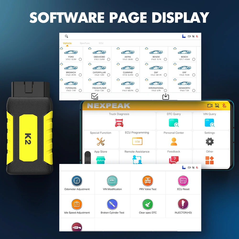 NEXPEAK K2 Heavy Truck Diagnostic Scanner Tool OBD2 VCI Full System Diagnostic Device For Truck Tractor DPF Cluster Calibration