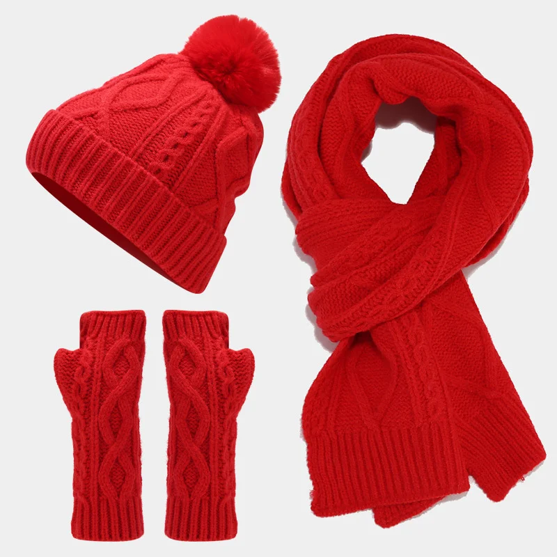 Winter Hat Scarf Gloves Set 3PCS Beanie Hat Scarf Neck Warmer Long Scarf Thermal Warm Knitted Gloves for Women Girls