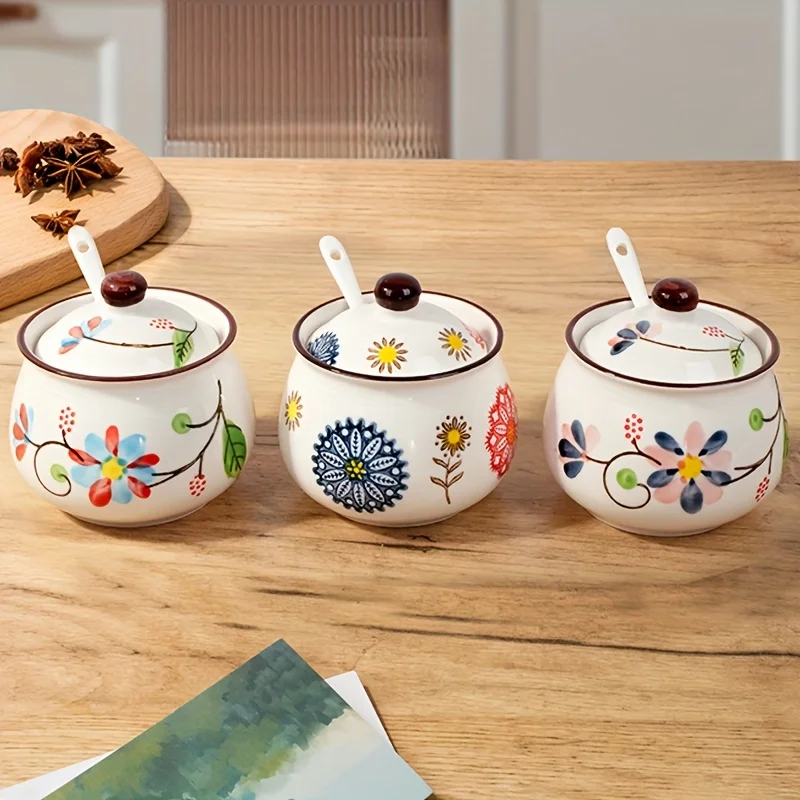 

3pcs Hand-Painted Ceramic Salt & Sugar Jars Suitable Storage, Lidded Spoons Included with Underglaze Containers, Decorative Cond