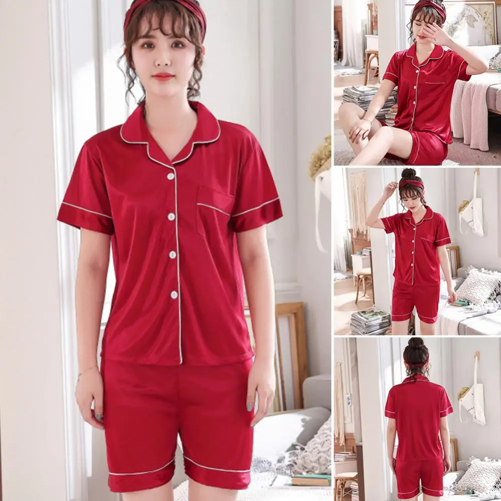 

Women Button Short Sleeve T-shirt Top Elastic Shorts Loose Sleepwear Set Pajamas Silk Robe Sleep Suit Lace Satin Pajamas Gown