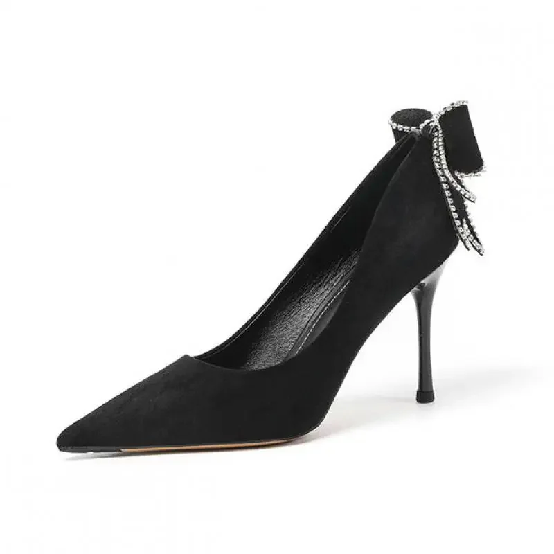 33-40 Bow Leisure Professional Work Women Shoes Pointed High Heels Black Stiletto Women Pumps