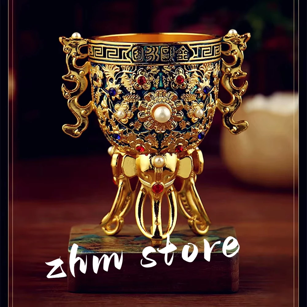 

Chinese Retro Classic Metal Gold/Blue Color Pearls Decorate Collective Wine/Water Drinking Keepsake Cup