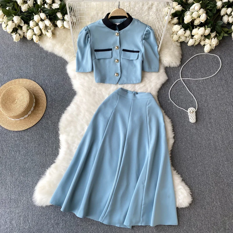 

Summer New Chinese Sle Two-Piece Set Women's Stand Collar Color Blo ort Top + A-Line Pleated Skirt Faionable