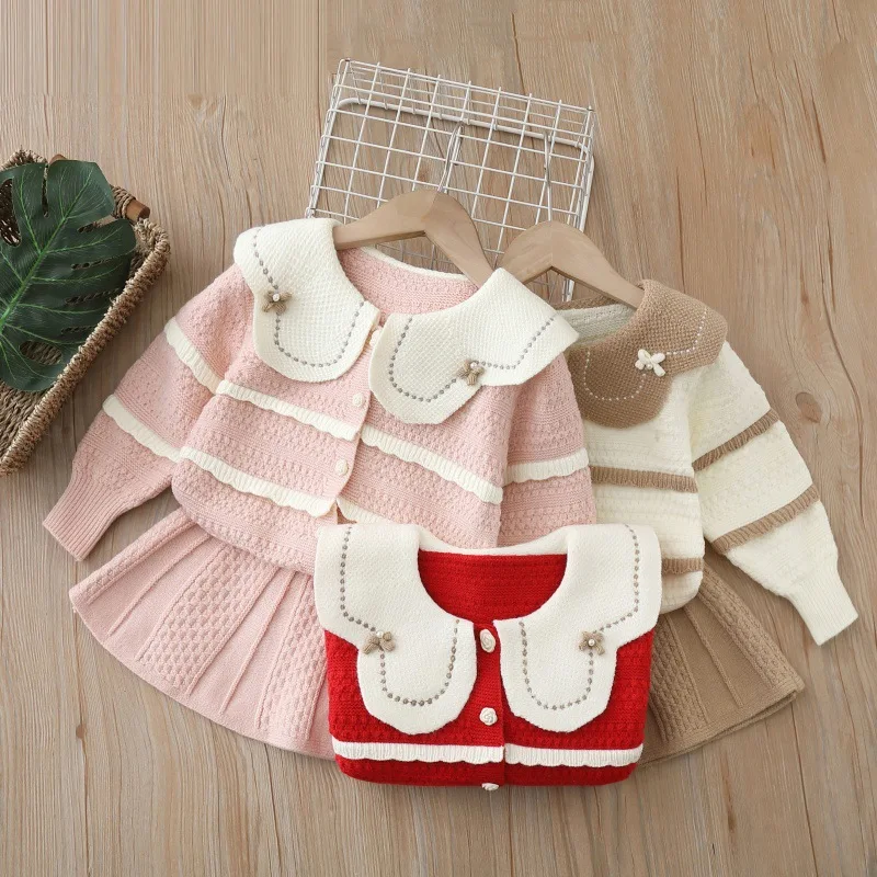 

Children Girls Autumn Outfits Bow Rabbit Kid Girl Sweater 2PCS Loose Knit Striped Pleated Skirts Suit Infant Babys Girls Clothes