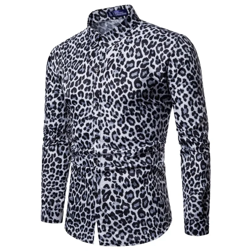 Men's Yellow and White Leopard Print Long-sleeved Shirt with Lapel Single Breasted Outerwear Casual Breathable Top