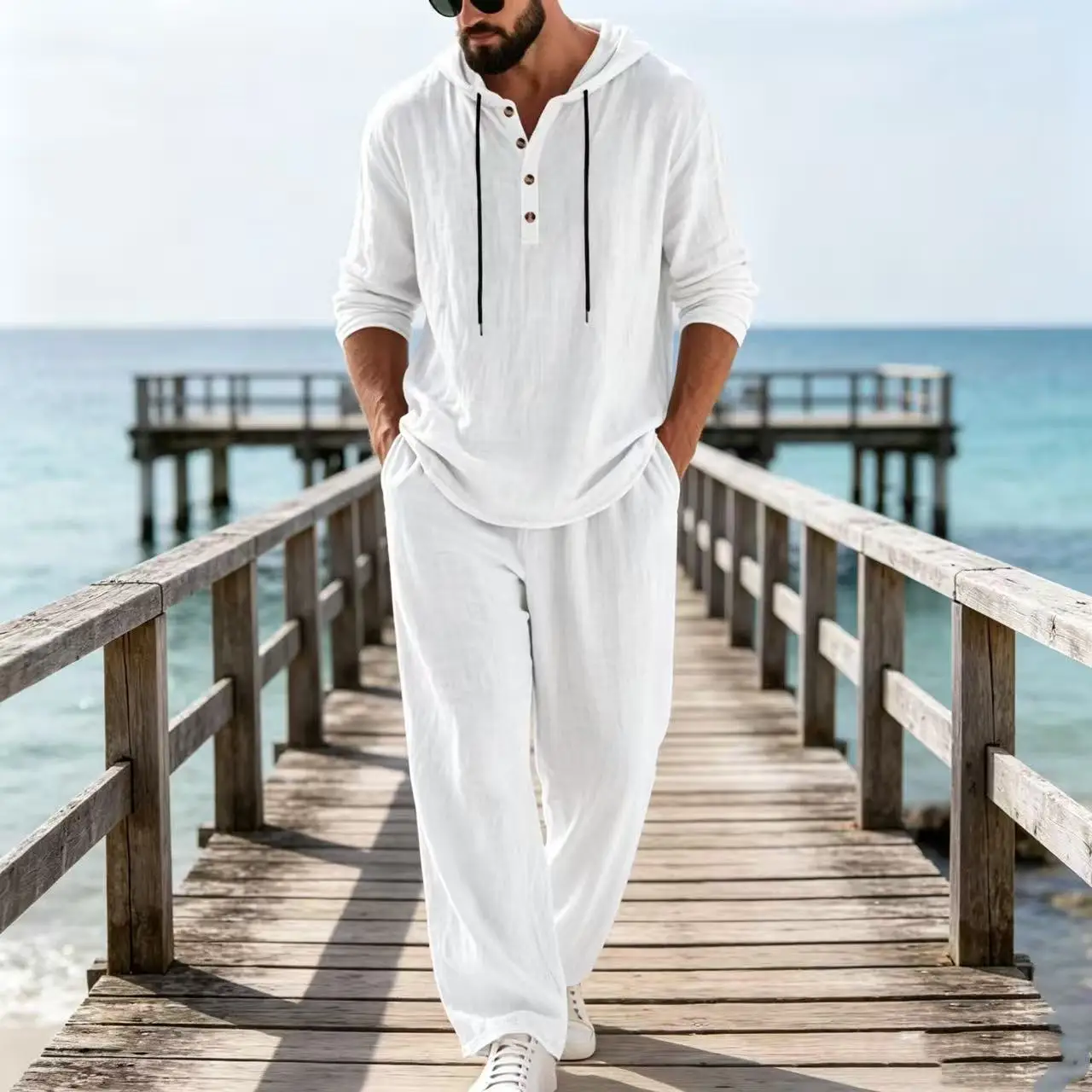 2026 Cross-border Spring and Autumn Linen Men's Casual Suit Amazon Loose Hooded Henry Shirt Long Sleeve Pants Suit - view 3