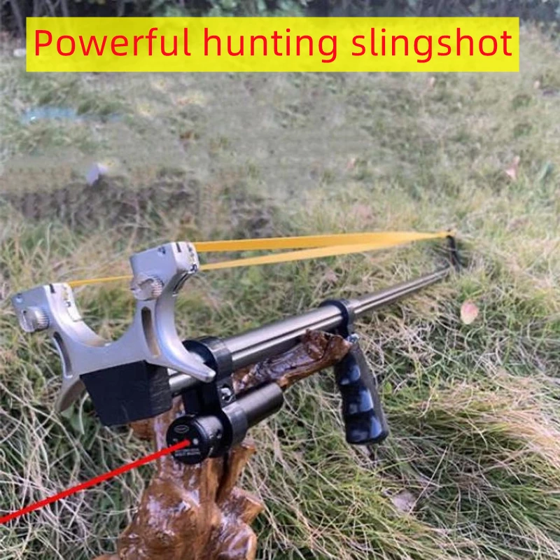 New Laser Aiming Slingshot Powerful Outdoor Hunting Competition Catapult  Use Flat Rubber Band Long Pole Telescopic Slingshot