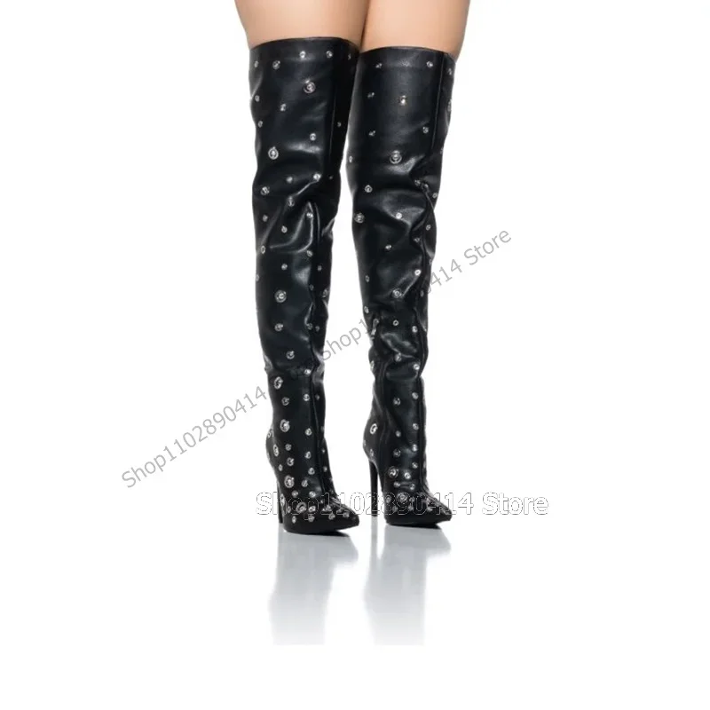 

Black Metal Decor Thigh High Pointed Toe Boots Side Zipper Women Shoes Thin High Heels Fashion Banquet 2023 Zapatos Para Mujere