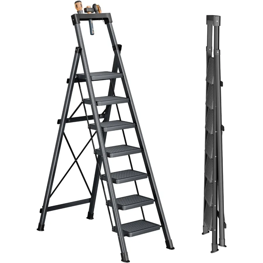 Escalera de 7 Peldaños con Bandeja, Soporta 330 lbs, Plegable, con Práctico Agarradera, Pedal Ancho Antideslizante, Ligera