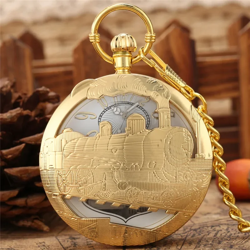 Creative Musical Pocket Watch Golden Hollow Out Train Design Swan Lake Song Playing Music Locomotive Quartz Watches FOB Chain