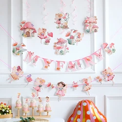 Spring Flower Fairy Mushroom Butterfly Pink Banner Pull Flag Baby Shower  Garland Afternoon Tea Theme Birthday party Decorations