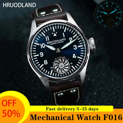 Hruodland 2025 새로운 F016 파일럿 시계 갈매기 운동 기계식 BGW-9 빛나는 사파이어 크리스탈 남성 가죽 레트로 reloj hombr