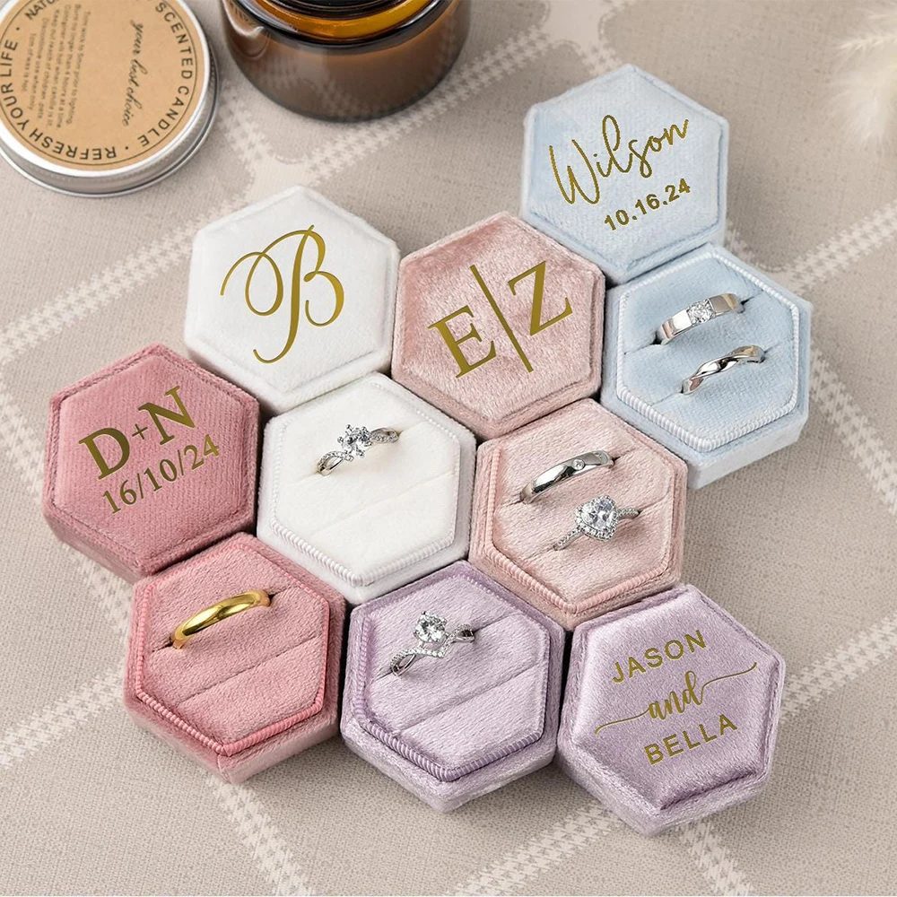 

Custom Velvet Hexagon Double Slot Ring Box for Engagement Wedding Keepsake Case Jewelry Exhibitor Storage Display Selling