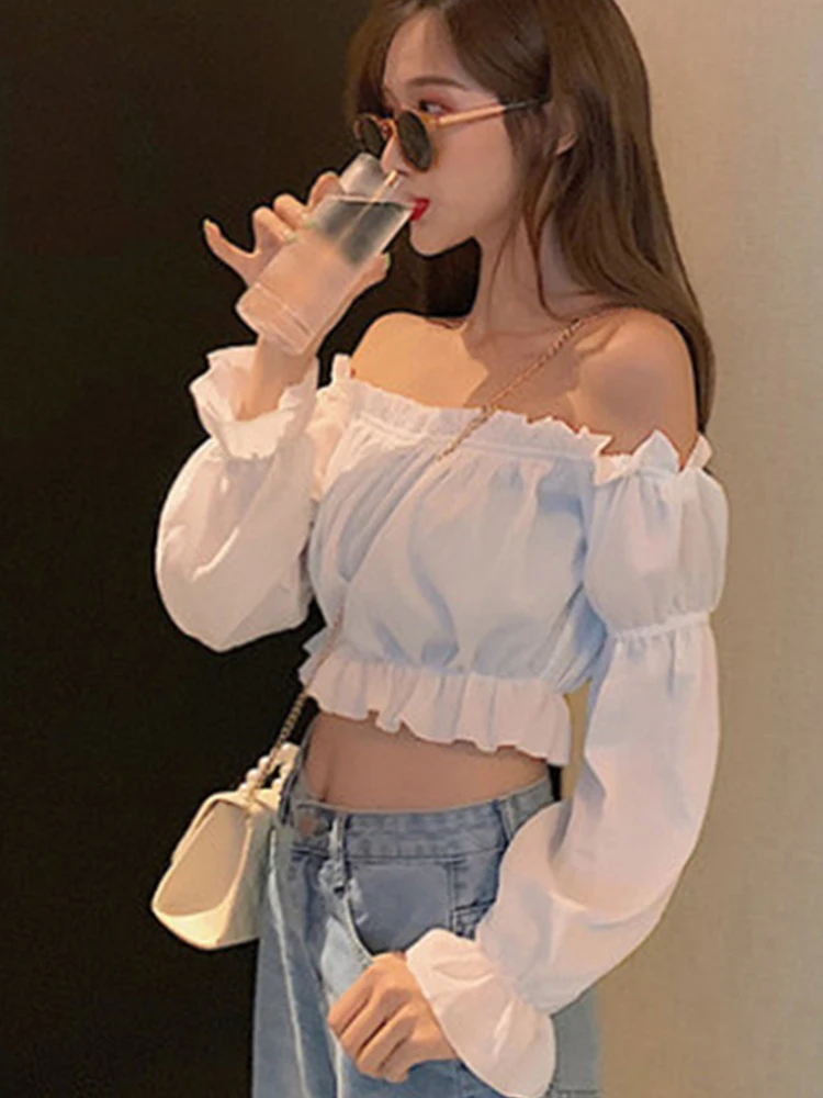 Vrouwen top sexy blouse off-shoulder top lange mouw effen kleur wit overhemd bladerdeeg mouw ruche tuniek crop top zomer tube top