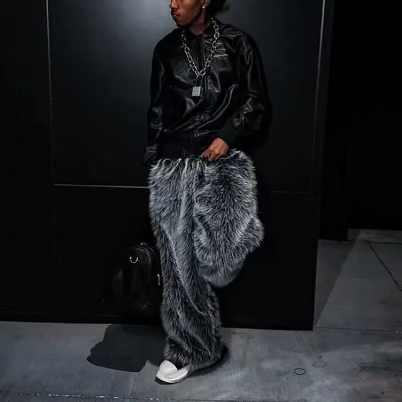 

American street knitted plush pants, loose fitting men's and women's couple style long hair pants, thick autumn and winter warm