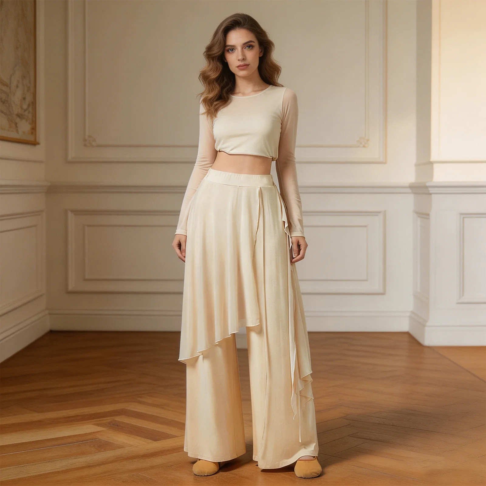 

Modern Dance Skirt Pants Loose Chiffon Trousers Women Wide Leg Dancer Practice Training Dancewear Metallic Shiny Wide Leg Pants