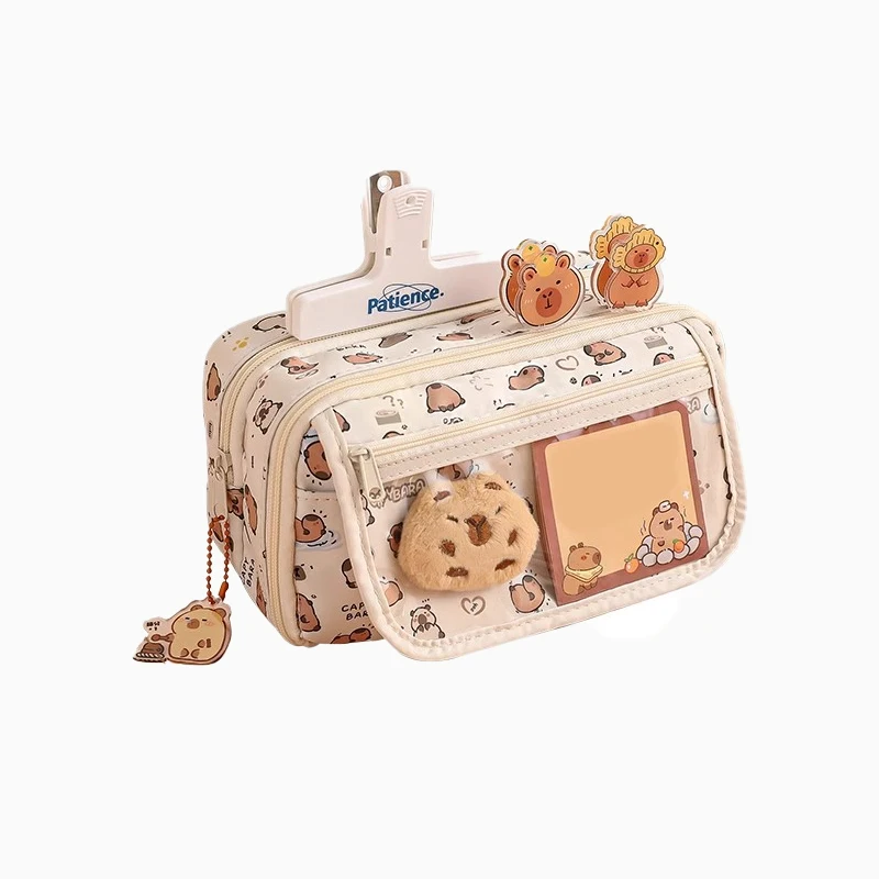 Ensemble de 4 trousses à crayons capybara mignonnes, grande capacité, multicouche, sac en toile, boîte de rangement de papeterie multifonctionnelle, adaptée