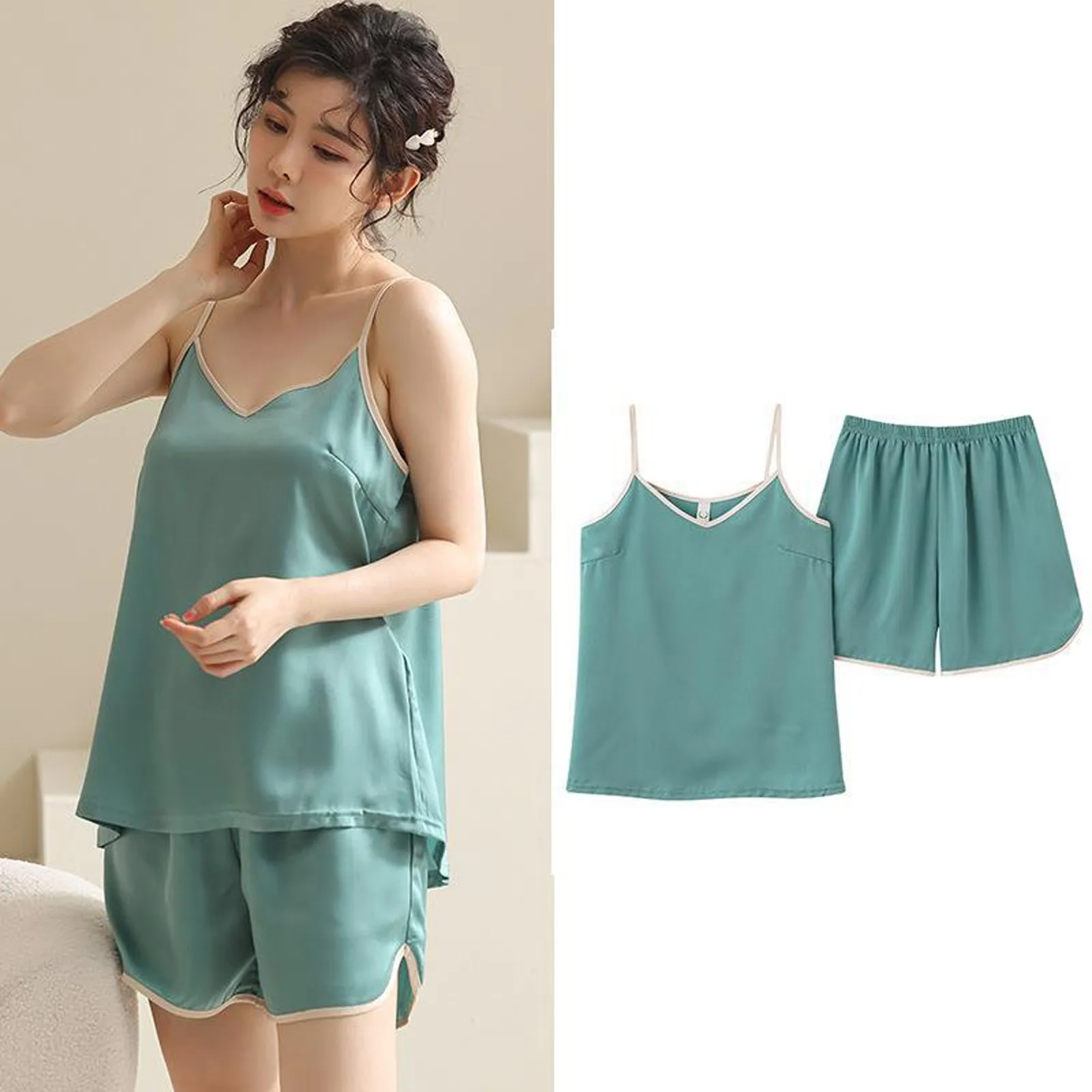 Women Pajamas Set Sweet Sleepwear Sexy Lingerie V Neck Vest Shorts Loose Comfortable Summer Nightwear Homewear Ladies Pajamas