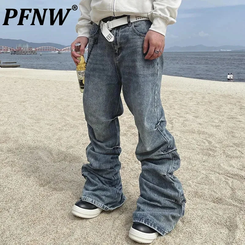 PFNW Menswear American Vintage Design Distressed Micro-flare Jeans Men's Cleanfit Casual Loose Blue Denim Long Pants 12C1594