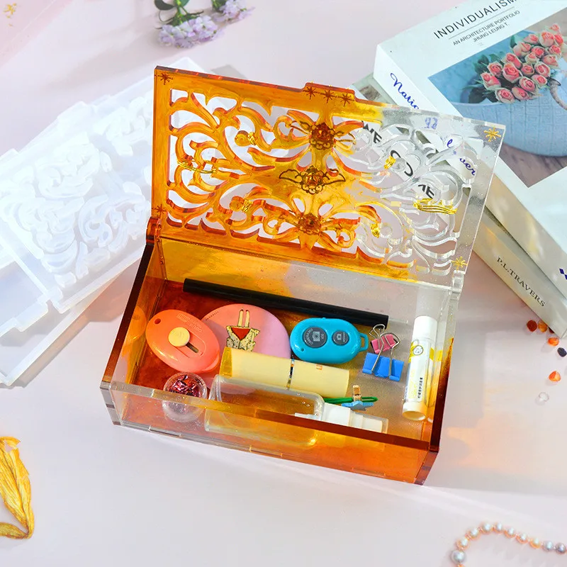 Epoxy Resin Silicone Mold Flip Cover Storage Box DIY Craft Home Handmade Storage Box Making Hollow-carved Design Craft Container