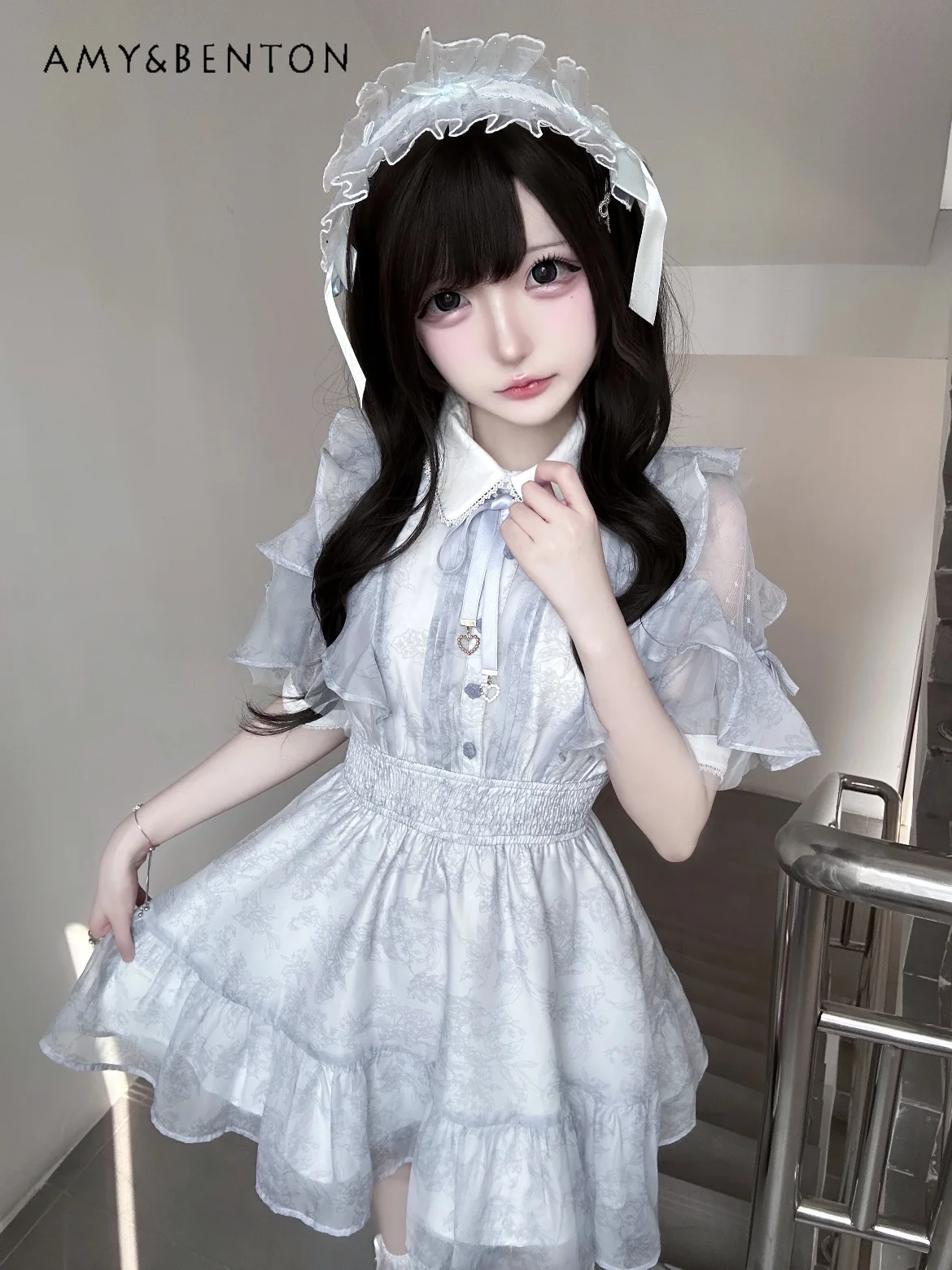 

Japanese Rojita Elegant Dress for Women Sweet Floral Printed Flying Sleeve Off Shoulder Tutu Dresses Sweet Cute Slim Mini Dress