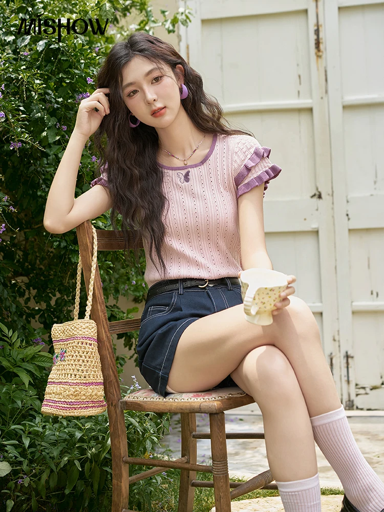 MISHOW Retro Contrasting Cool Knitted T-shirt 2024 Summer Double Layered Fly Sleeve Tees Embroidered Butterfly Top MXD27Z0575