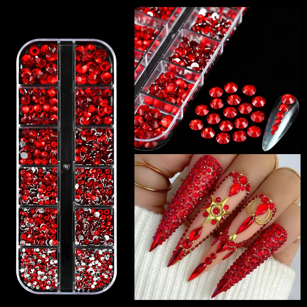 12Grid SS6-SS30 Non-hotfix Resin Flatback Rhinestones Red/Pink/Green Round Nail Diamond Shiny DIY Stone Gems Nail Art Decoration
