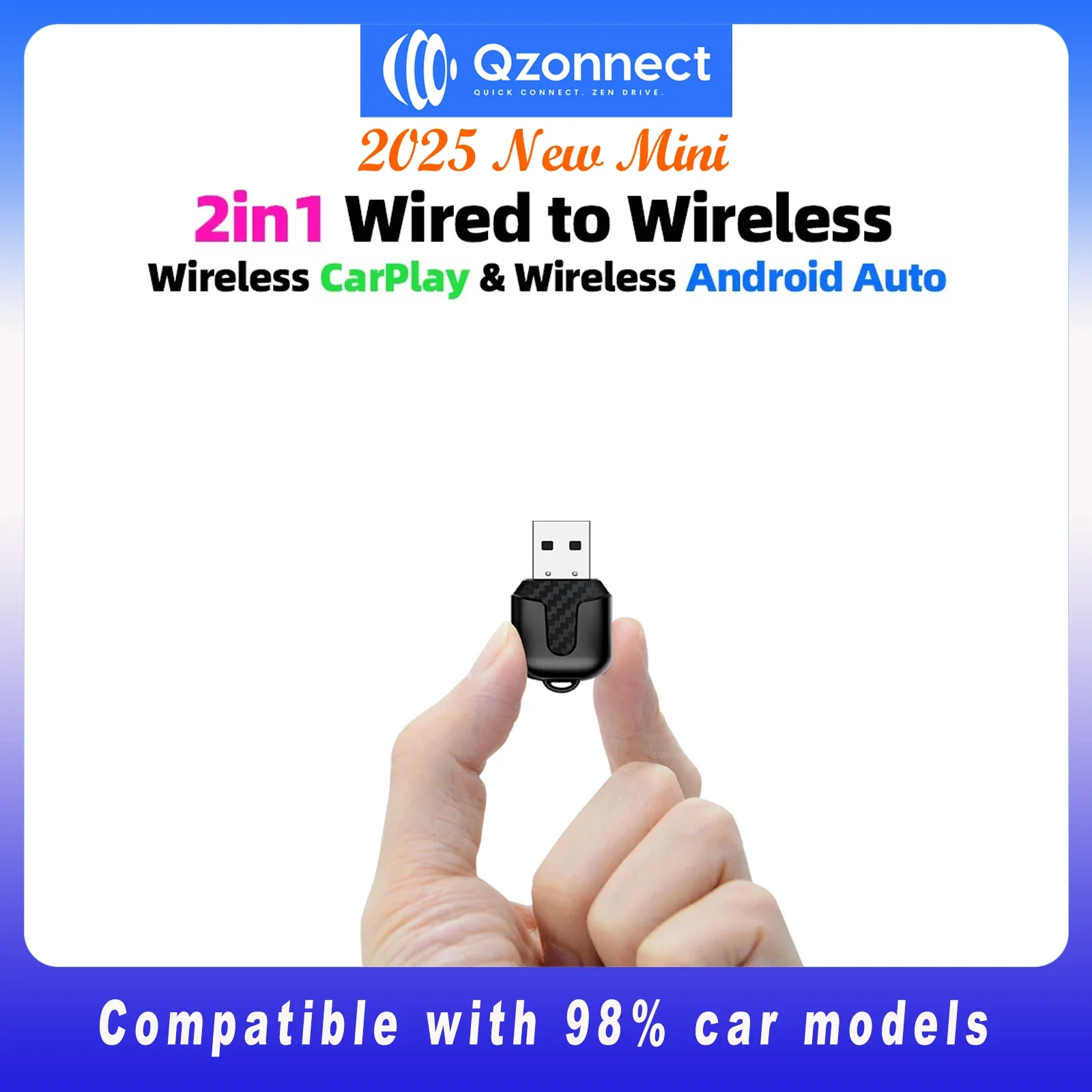 Qzonnect 2025 Wireless CarPlay Android Auto Adapter Ultra-Compact 5GHz WiFi Bluetooth 5.0 Voice Control for Wired Car