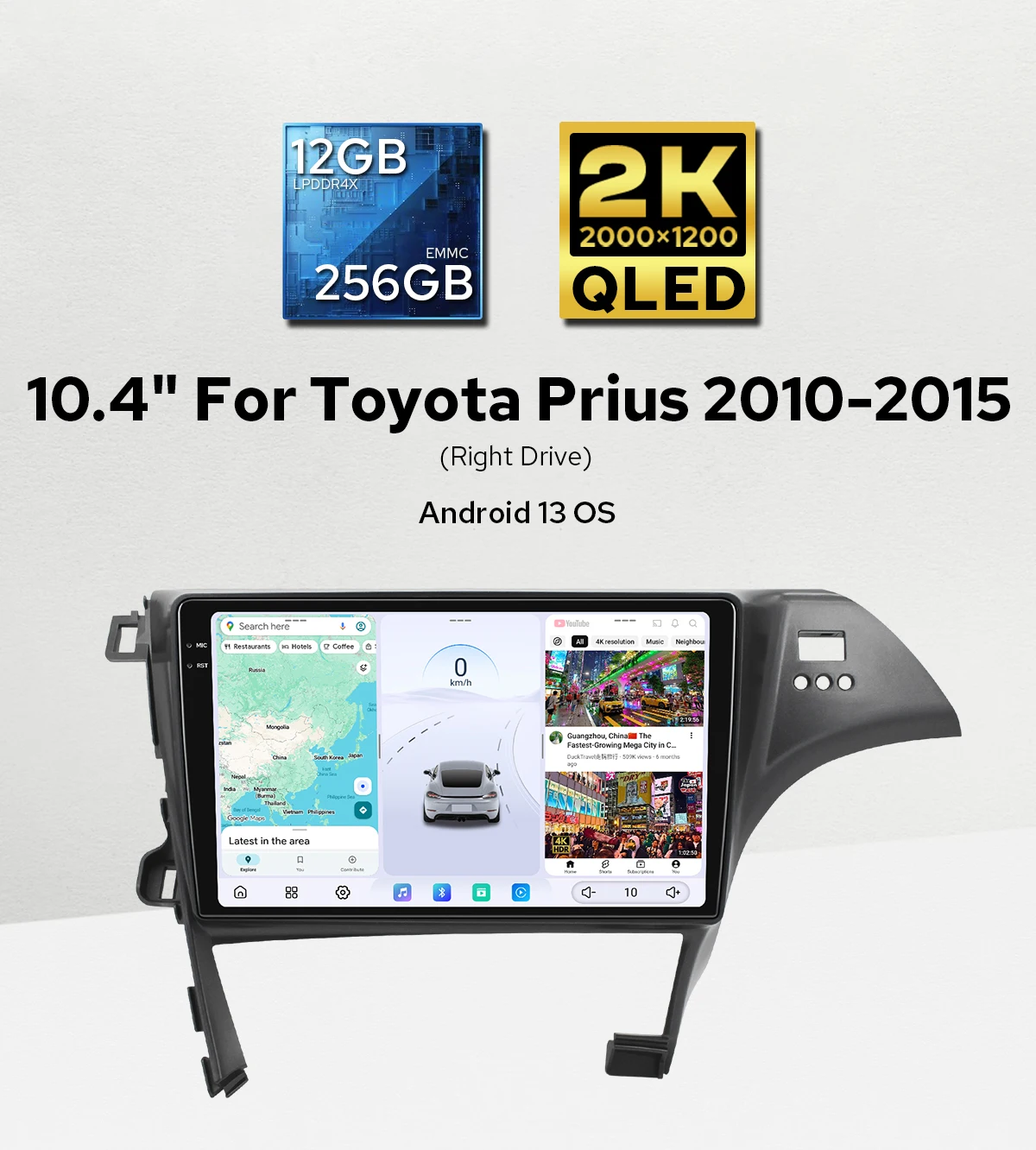 JOYING 10.4 Inch Android Car Stereo for Toyota Prius 2010-2015 CarPlay Multimedia Player RHD 2K QLED Dispaly Dual Bluetooth