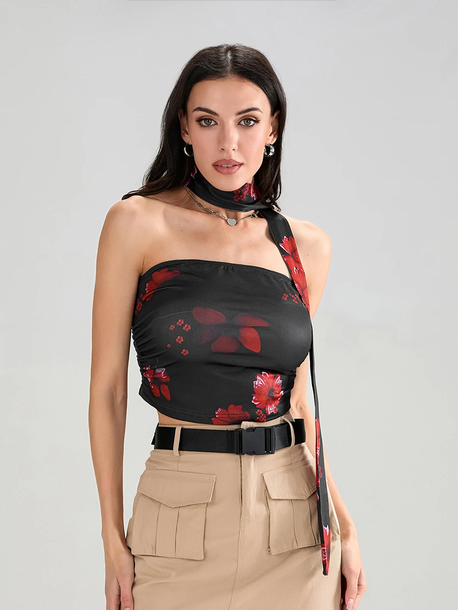 Women Crop Tube Tops Summer Floral Print Off-Shoulder Bandeau Backless Shirts and Scarf Set for Streetwear