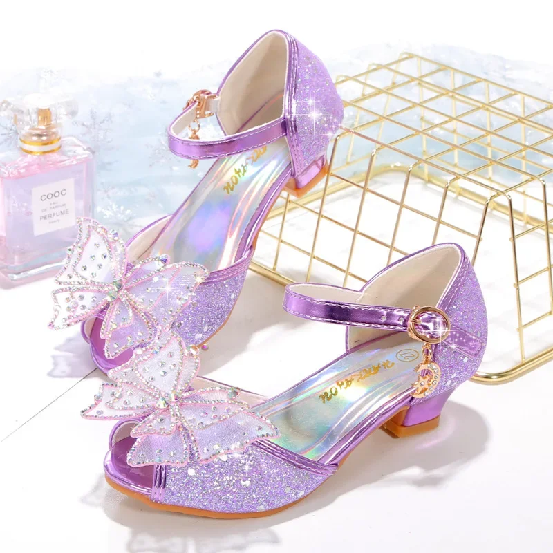 Summer Children Sandals Girls Fish Mouth Shoes Rhinestone Butterfly Wedding Dance Party Student Princess High Heels Sandalias