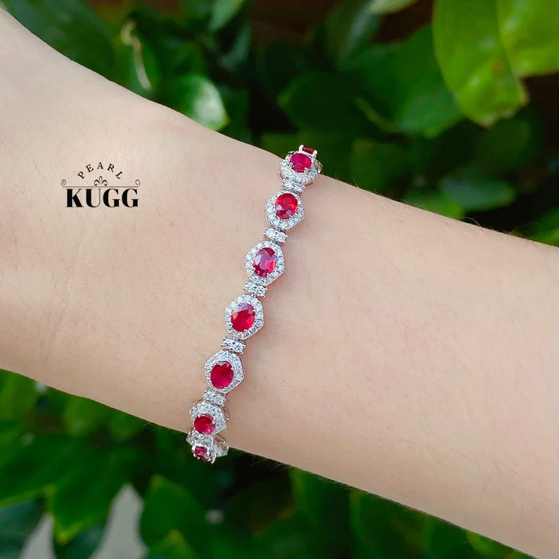 KUGG 100% 18K White Gold Bracelet Elegant Shiny Design Luxury Diamond Natural Ruby Bracelet for Women High Gemstone Jewelry