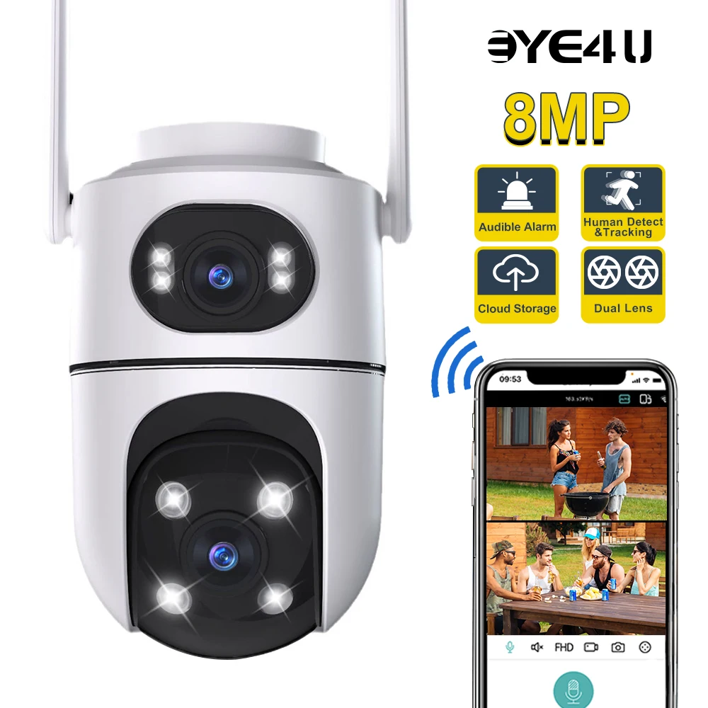 

8MP 4K Dual Lens Camera WiFi Two Screens 4X Zoom Human Auto Tracking PTZ Security Cameras CCTV Video Surveillance Cams iCSee NVR