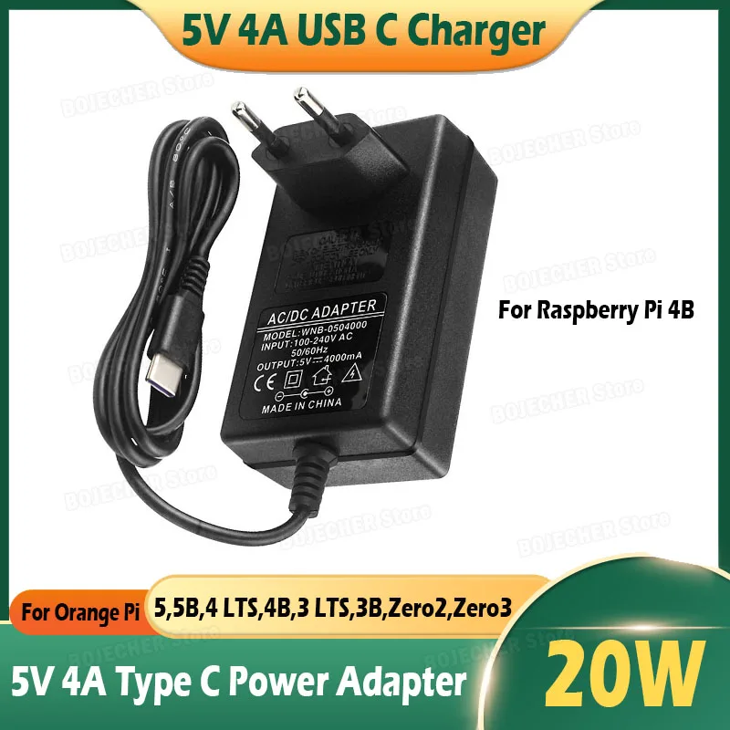 DC 5V 4A Type C Charger For Raspberry Pi 4B 20W USB C Power Supply Adapter For Orange Pi 5/ 5B/4 LTS/4B/3 LTS/Zero2 EU US Plug