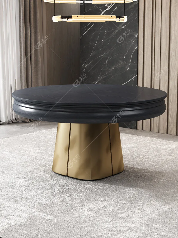 Dining table rotating and retractable deformation dining table expanding villa clubhouse black high-end solid wood round dining