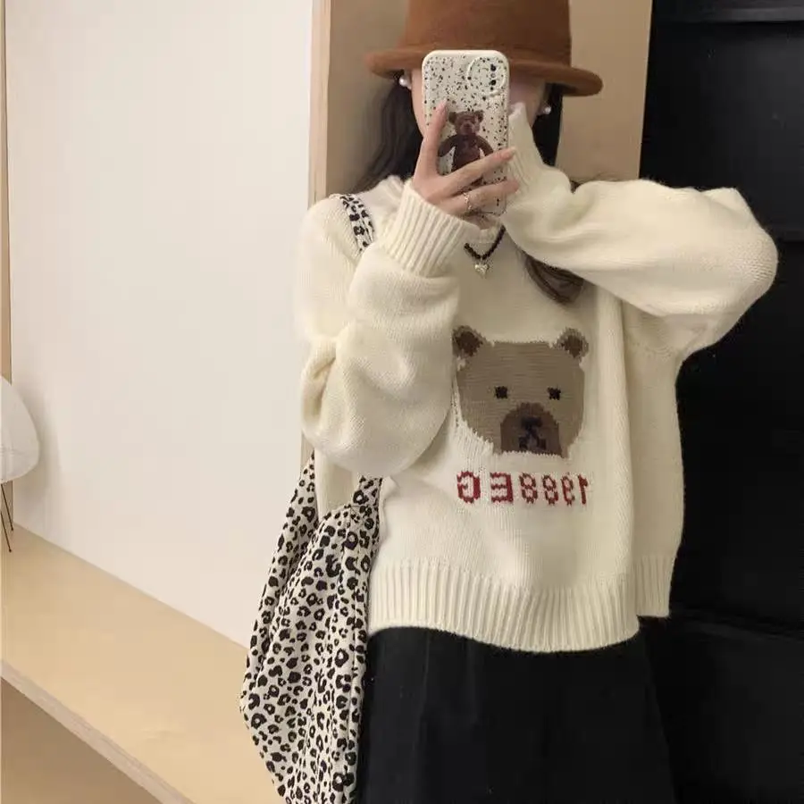 Autumn Winter New Round Neck Teddy Bear Jacquard Plush Thick Sweater Women\'s Lazy Style College Style Loose Knit Sweater Top