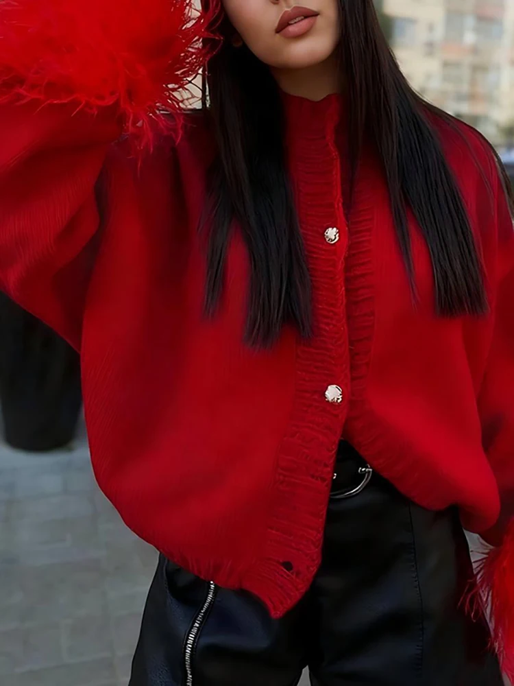 

Модный женский свитер с круглым вырезом и длинными рукавами, повседневный однобортный однотонный осенний свитер, лоскутный вязаный кардиган с перьями