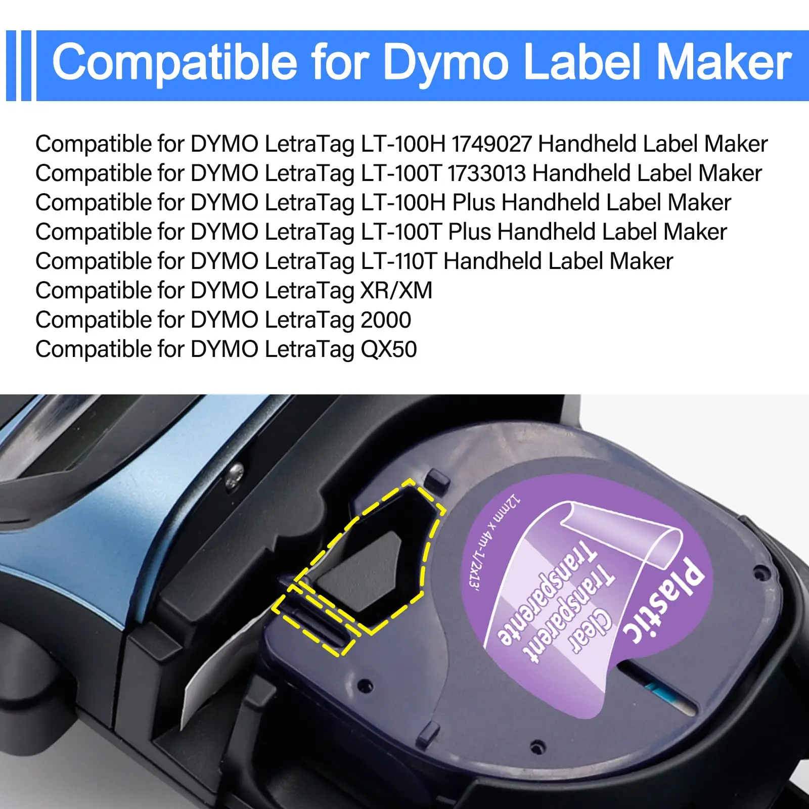 Compatible for Dymo Letratag Refills 16952 12267 16951 S0721530 Clear Plastic Label Tape 12mmx4m for Dymo LetraTag Plus LT-100H