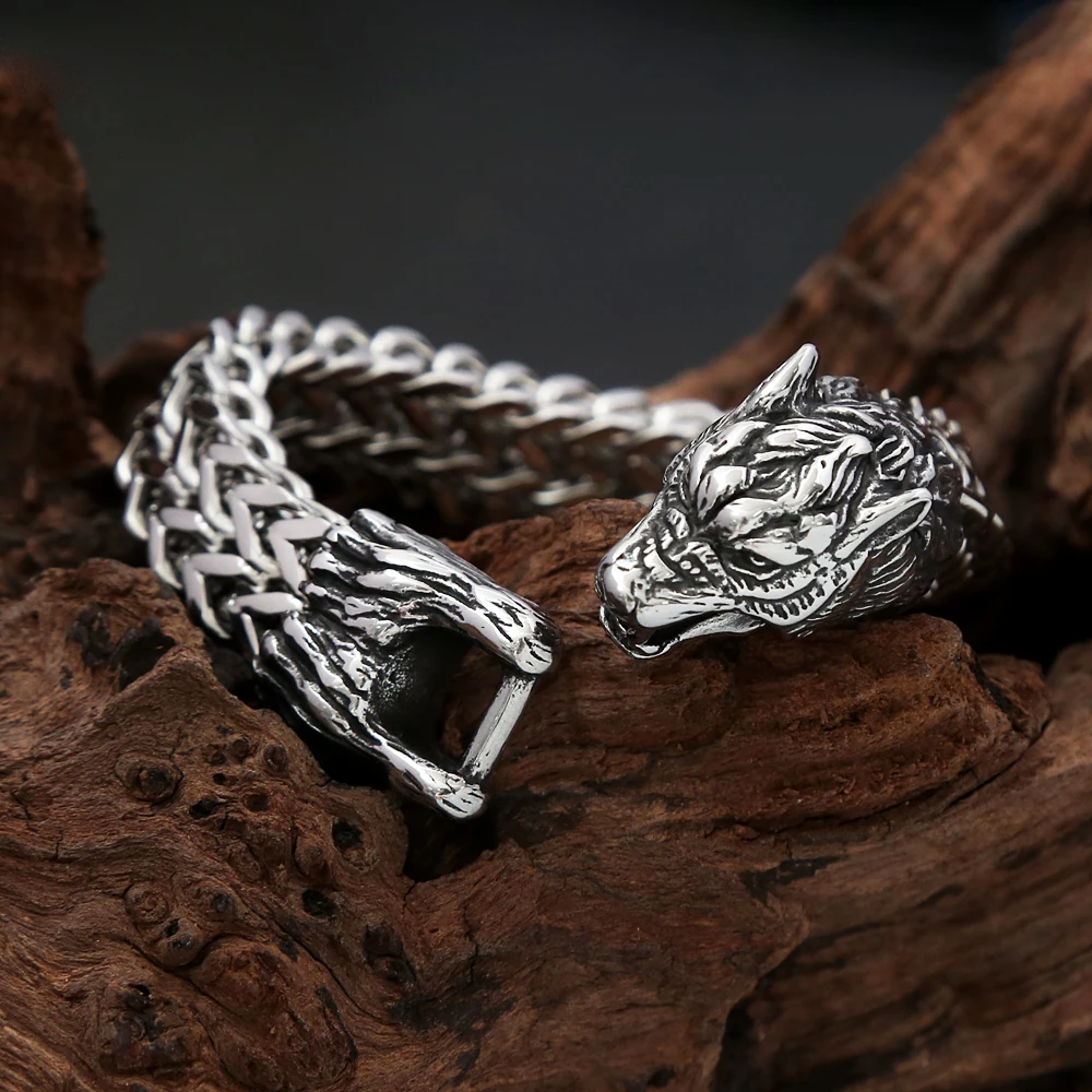 Punk Vintage Viking Wolf Head Bracelet Stainless Steel Men\'s Animal Wristband Charm Trendy Mesh Chain Bangles Fashion Jewelry